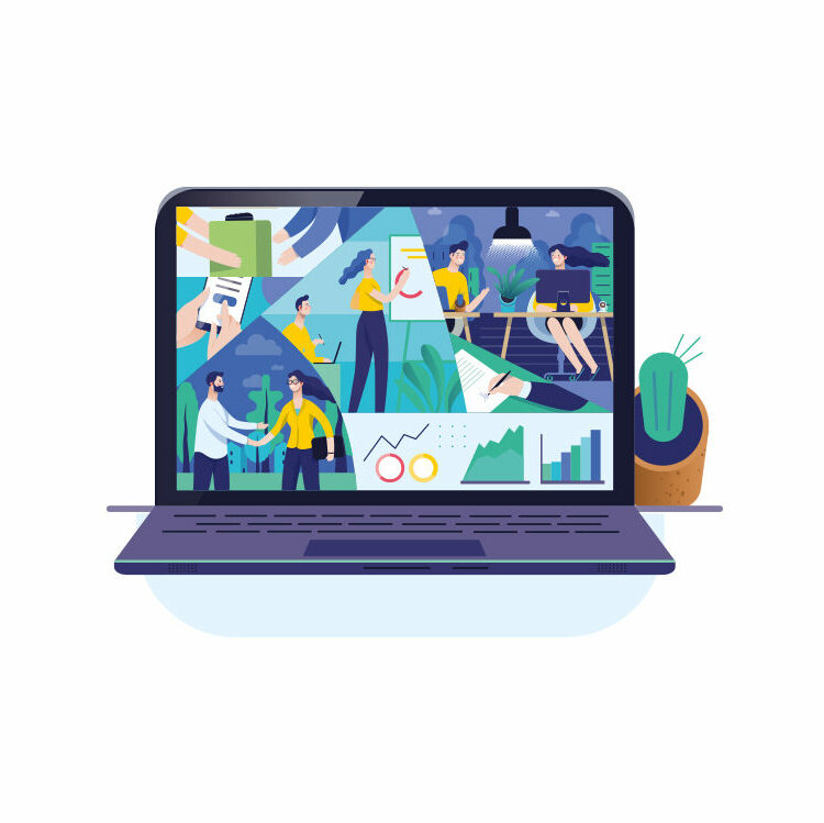 Illustration eines Laptops mit vielen verschiedenen Szenen auf dem Bildschirm
