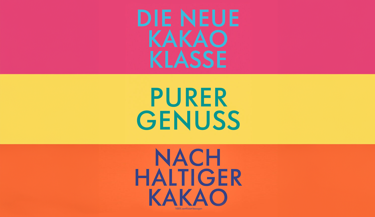Keyvisual von Rittersport-Kampagne: Die neue Kakao Klasse, purer Genuss, nachhaltiger Kakao.
