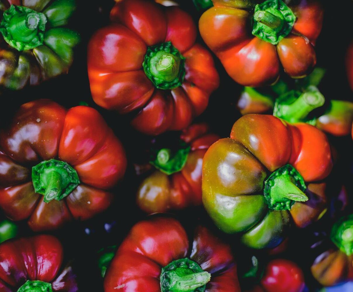 Nahaufnahme von roten und grünen Tomaten.