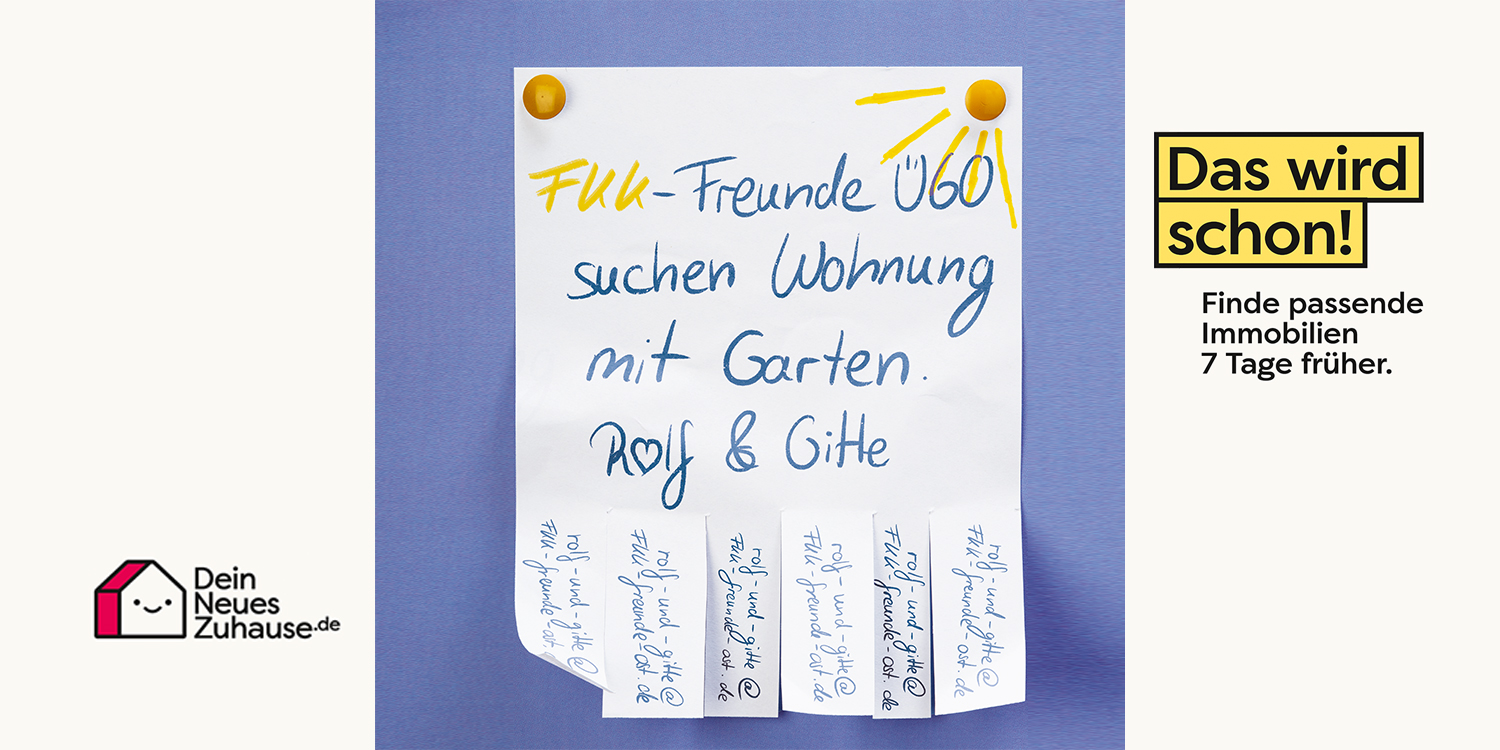 Wohnungsanzeige für „FKK-Freunde U60“ mit Abreißstreifen, daneben Immobilienwerbung