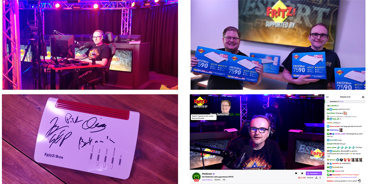 Veranstaltungsbilder mit Streamern und Gaming-Equipment.