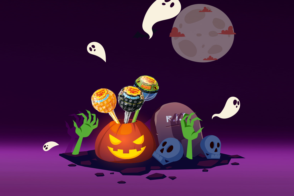 Halloween-Illustration mit schwebenden Geistern.