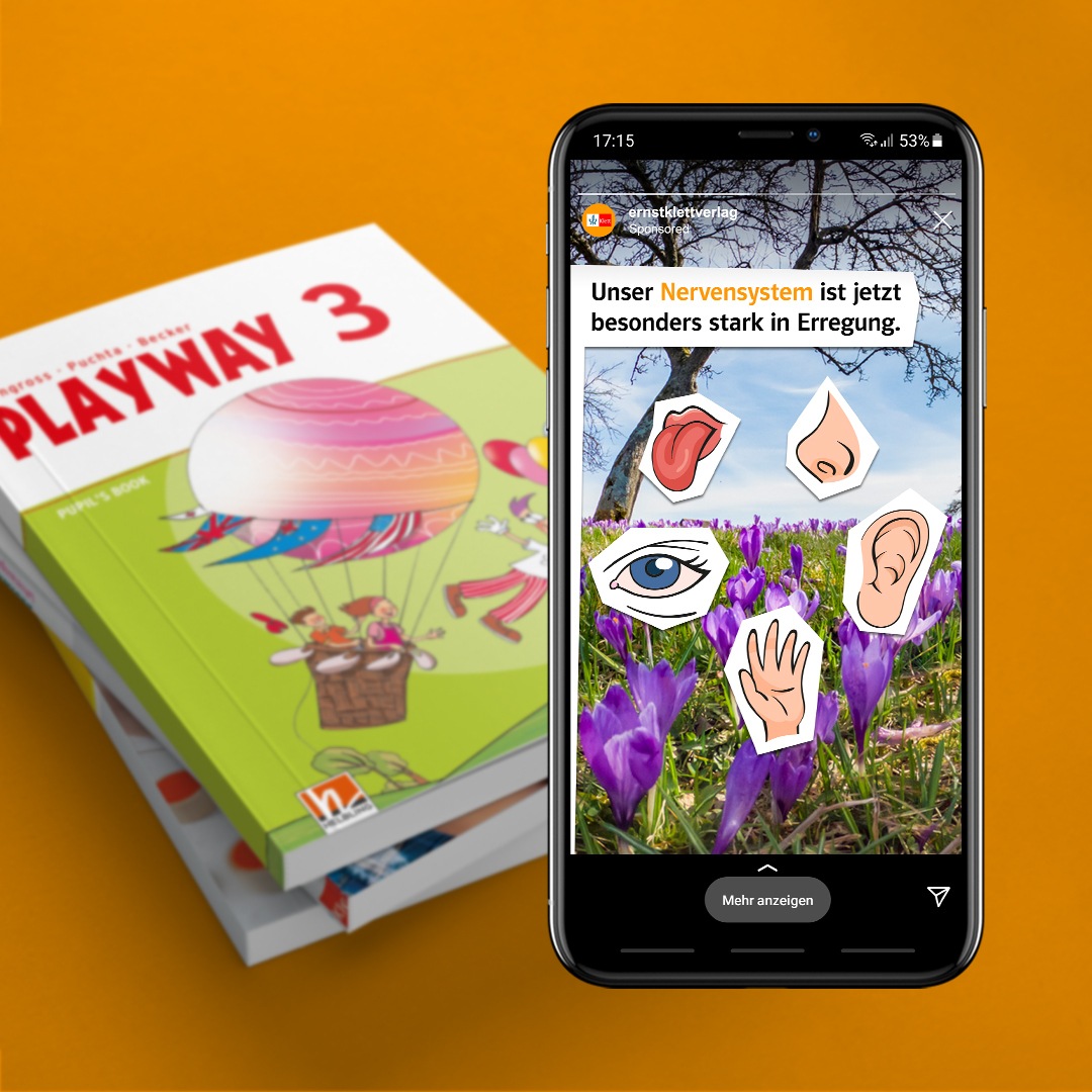 Smartphone mit digitalen Stickern und Büchern daneben.