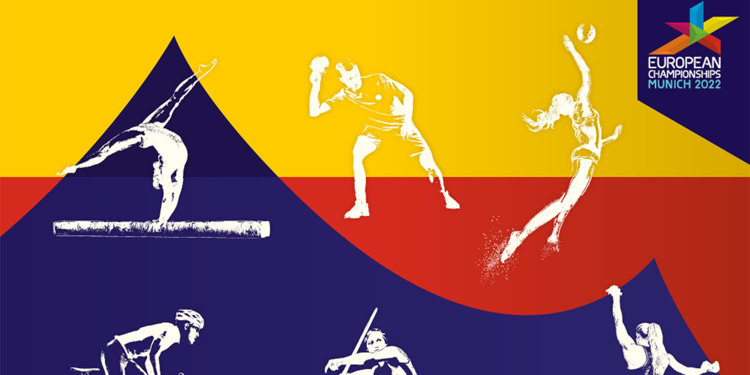 Bunte Grafik mit sportlichen Silhouetten auf gelbem, roten und blauen Hintergründen.