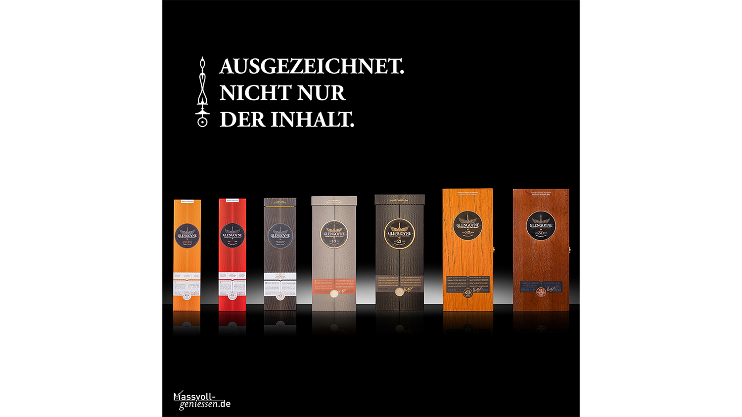 Werbeanzeige für Spirituosen mit mehreren Flaschen und dunklem Hintergrund.