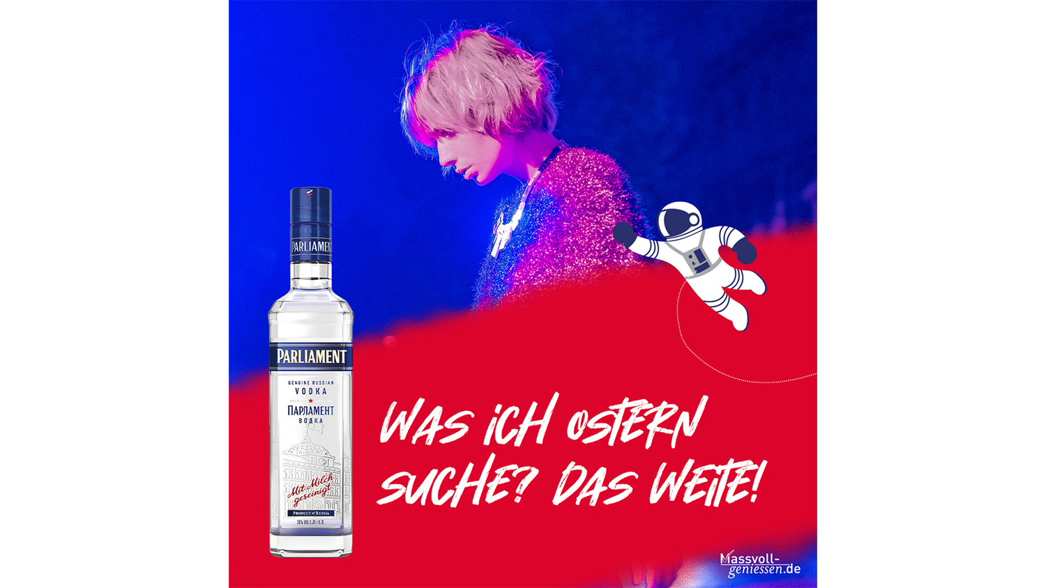 Werbung mit Getränkeflasche und Slogan „Was ich Oster(n) suche? Das Weite!“.