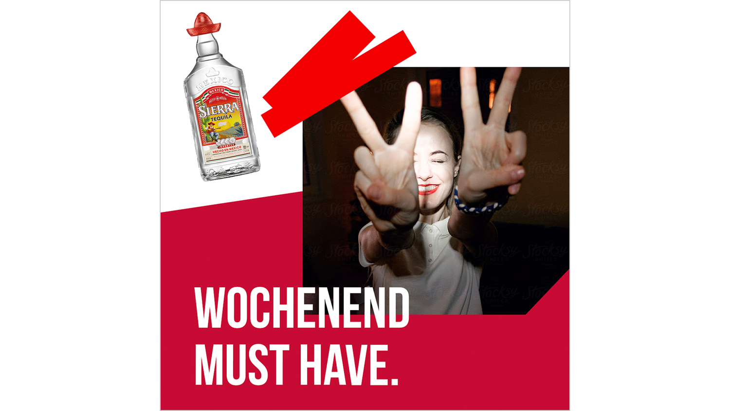 Werbeanzeige mit Flasche und Text „Wochenend Must Have“.