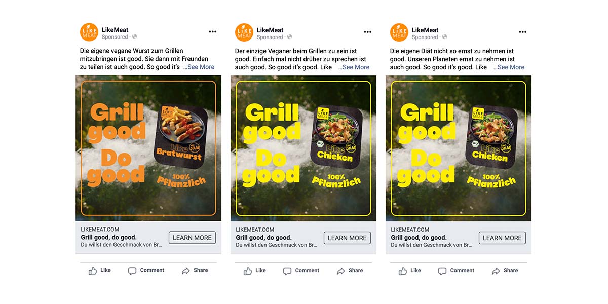 Social-Media-Post mit Würstchen und Hähnchen-Werbung.