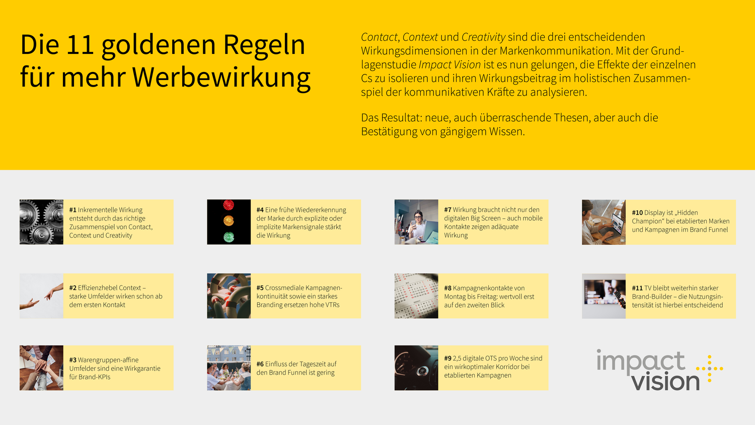 Gelbes Infoplakat über goldene Regeln mit Text und Bildern.