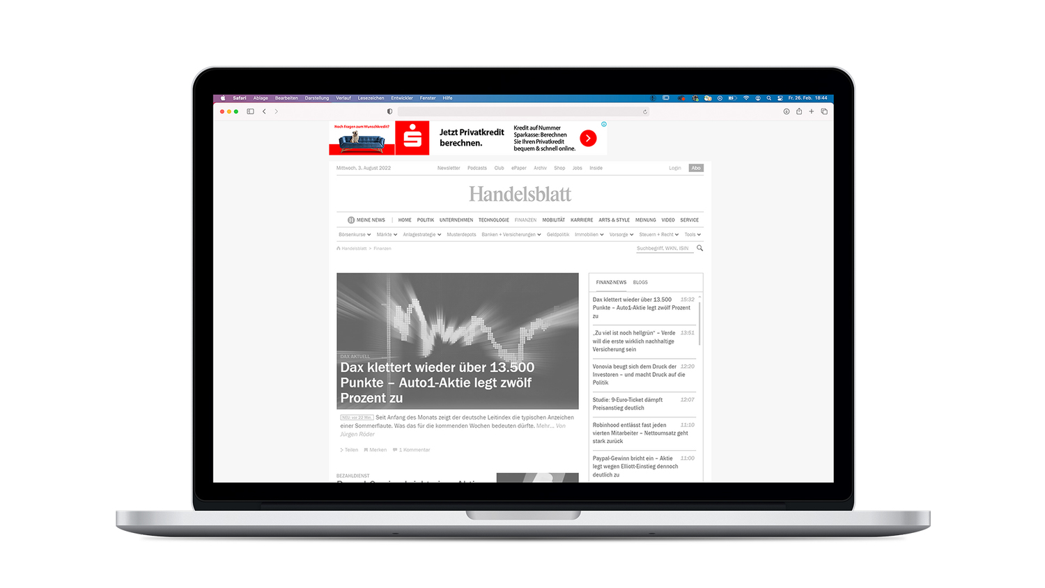 Screenshot einer Website mit Finanzthemen.
