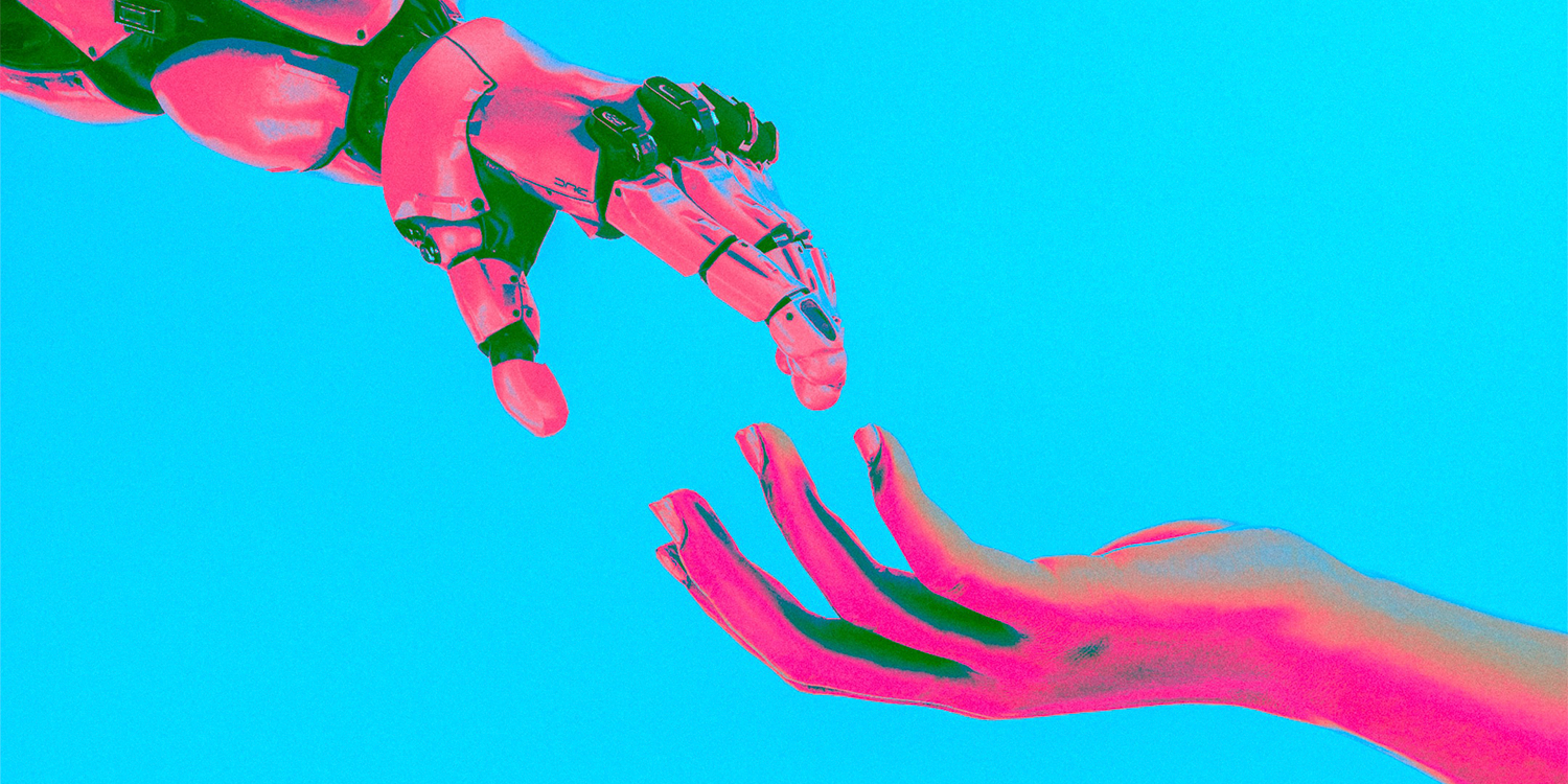 Bosse PM Titelbild 2 Eine Roboterhand greift nach einer menschlichen Hand, was die Interaktion zwischen Technologie und Menschlichkeit darstellt.