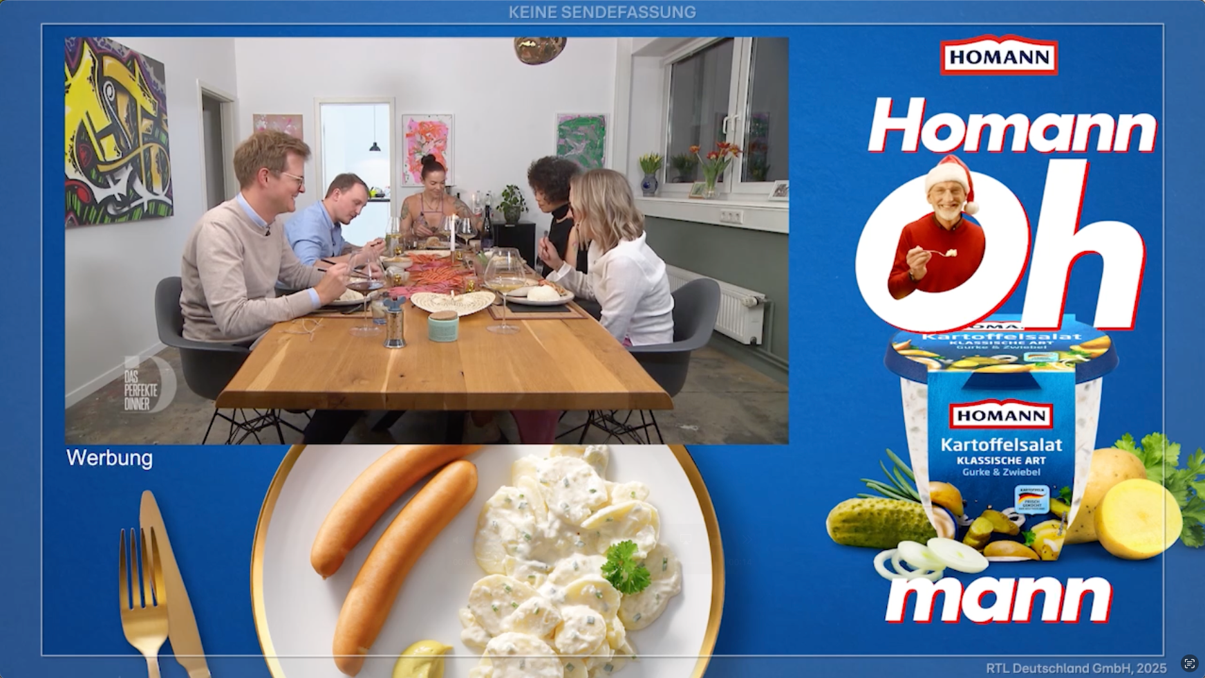 Ausschnitt aus VOX "Das Perfekte Dinner", bei dem eine Werbung von HOMANN für Kartoffelsalat eingeblendet wird