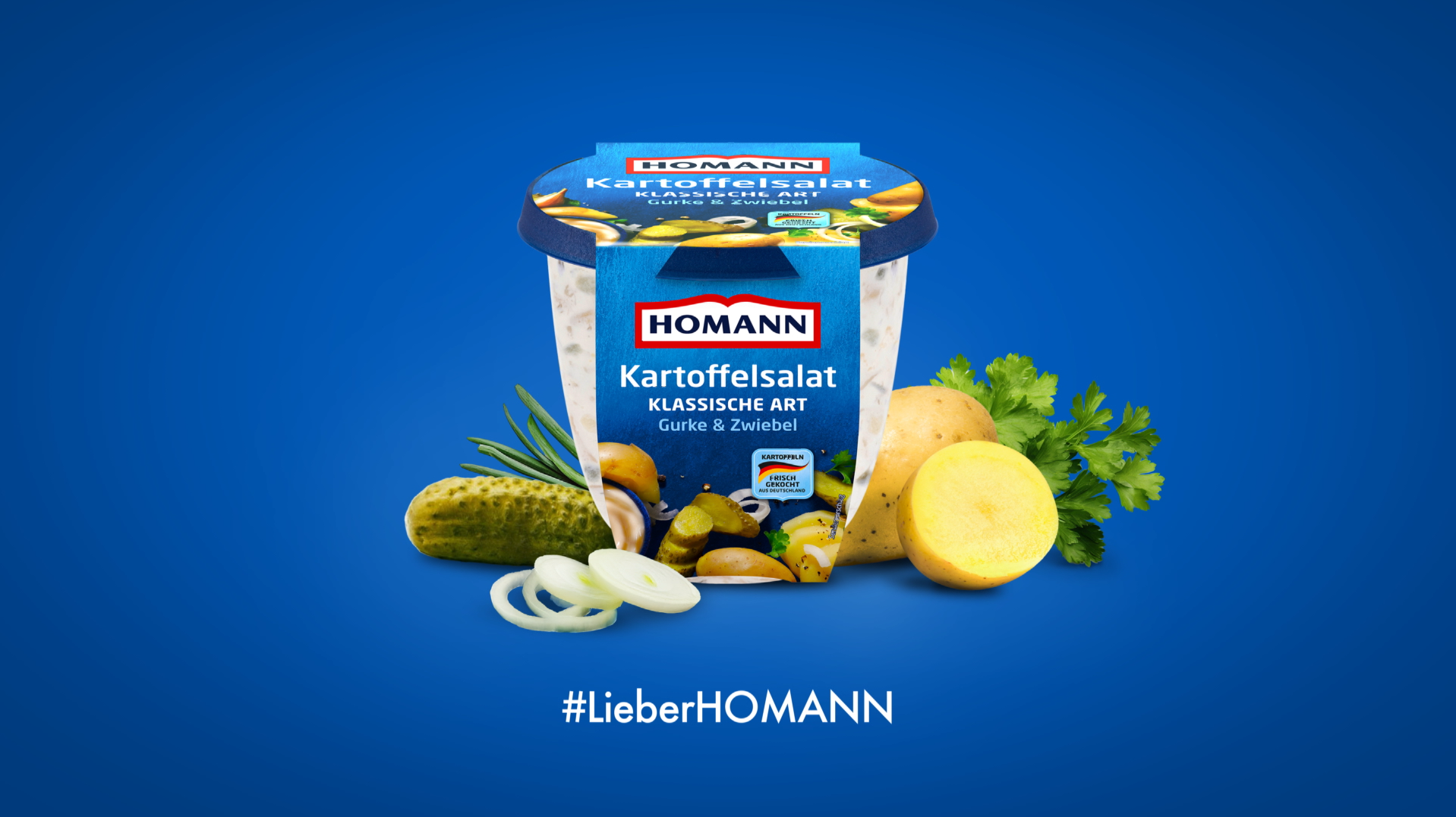 Produktabbildung von HOMANN Kartoffelsalat auf blauem Hintergrund